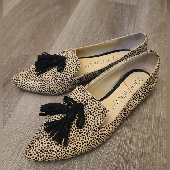 Sole Society Shoes - Sole Society Hadlee Calf Hair Leather Polka Dot Leopard Print Tassel Loafers